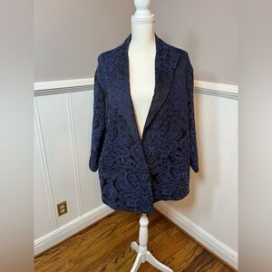 Kasper Navy & Black Jacquard Tweed Jacket With Pockets Women’s Size XL
